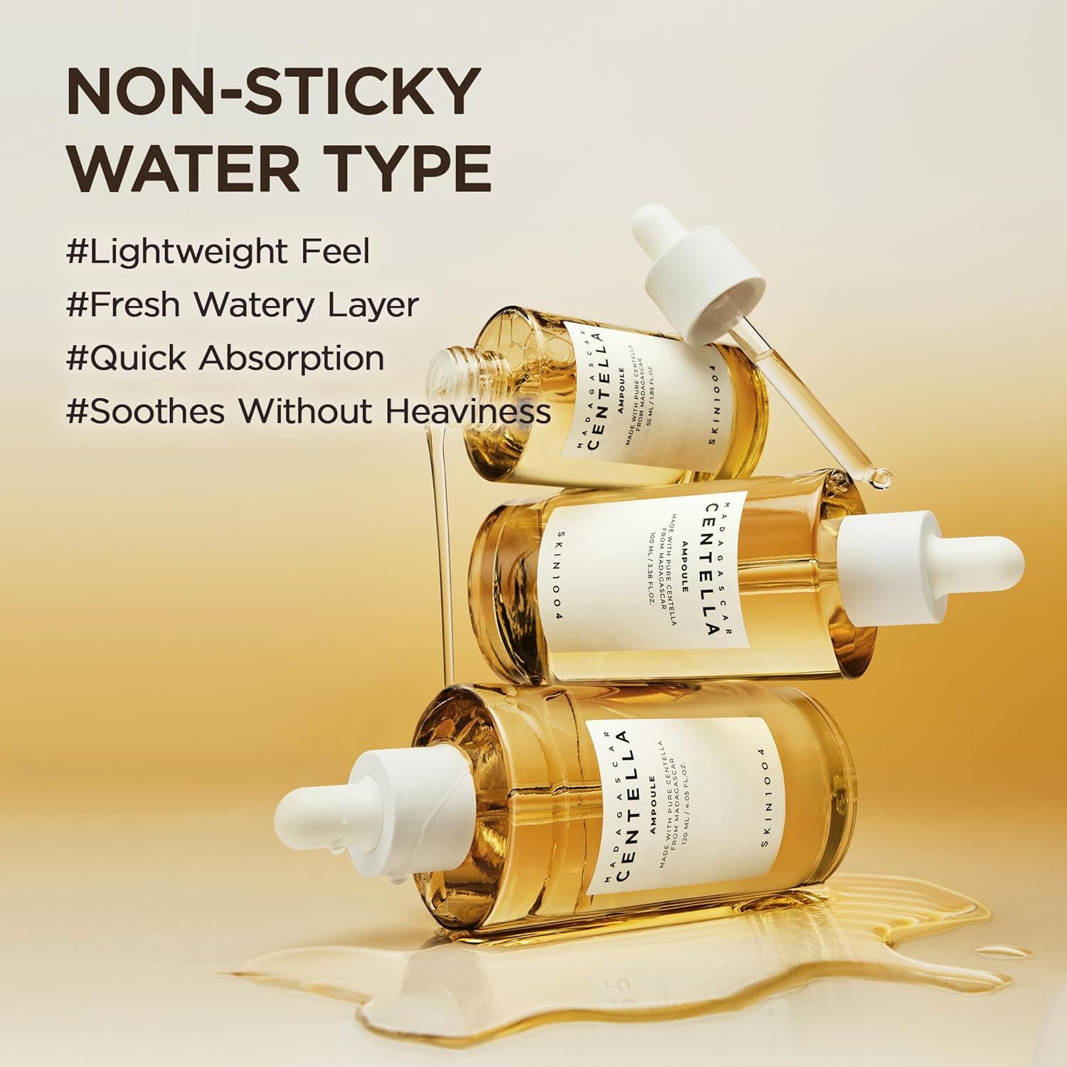 Diversi flaconi di SKIN1004 Madagascar Centella Ampoule. Testo: Non-Sticky Water Type.