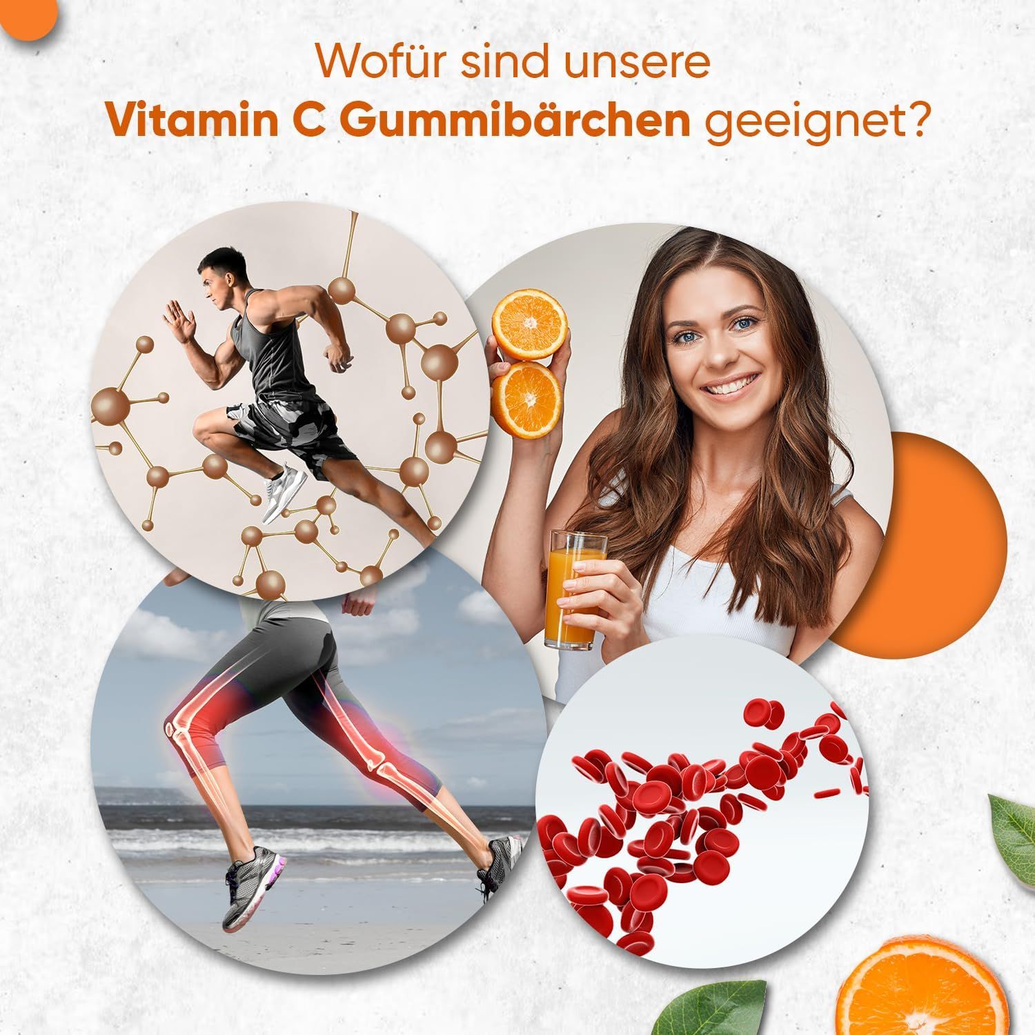 Illustrazioni con persone e arance. Temi: sport, salute, vitamina C. Nessun nome di prodotto.