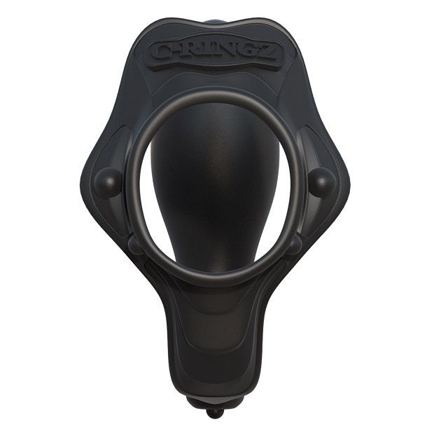 C-Ring nero con proiettile vibrante esterno e plug anale, vista frontale.