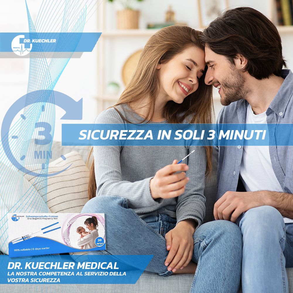 Coppia felice tiene un test di gravidanza. "Sicurezza in soli 3 minuti".
