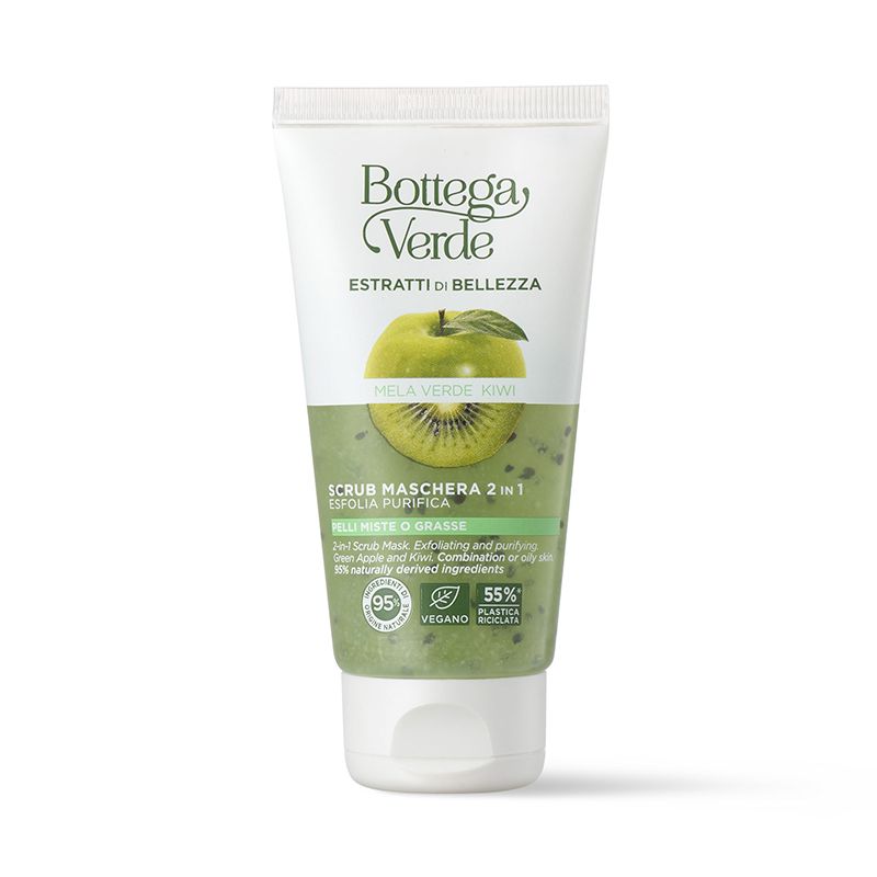 Tubo bianco e verde con nome del prodotto. Scritta: Bottega Verde, Estratti di bellezza, Mela verde e Kiwi. 2 in 1 Scrub Maschera.