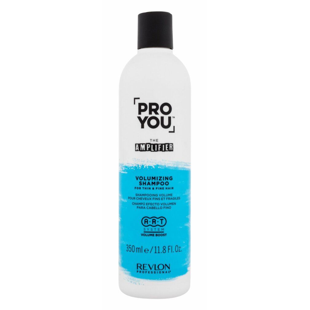 Flacone di shampoo bianco con tappo nero. Scritta: Pro You The Amplifier, Volumizing Shampoo, Revlon.