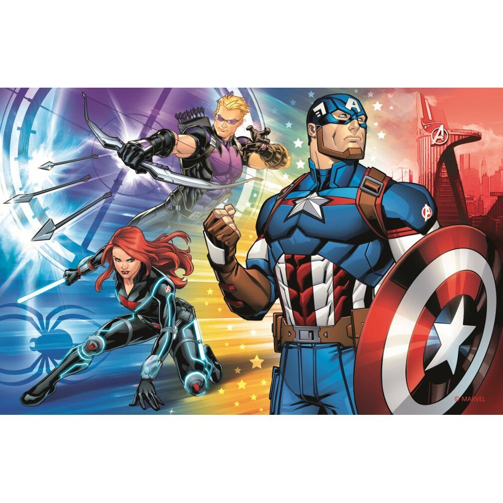Puzzle Avengers. Captain America, Vedova Nera e Occhio di Falco. Sfondo con frecce e stelle. Tonalità rosse e blu.