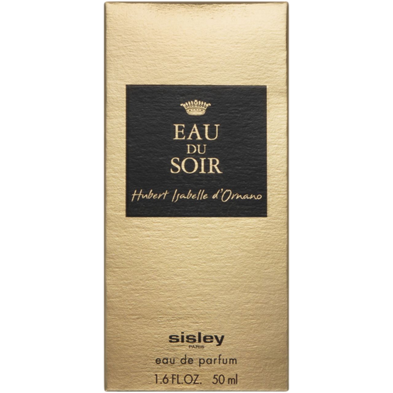 Confezione dorata con etichetta nera. Scritta: Eau du Soir, Hubert Isabelle d'Ornano. Sisley Paris, Eau de parfum.