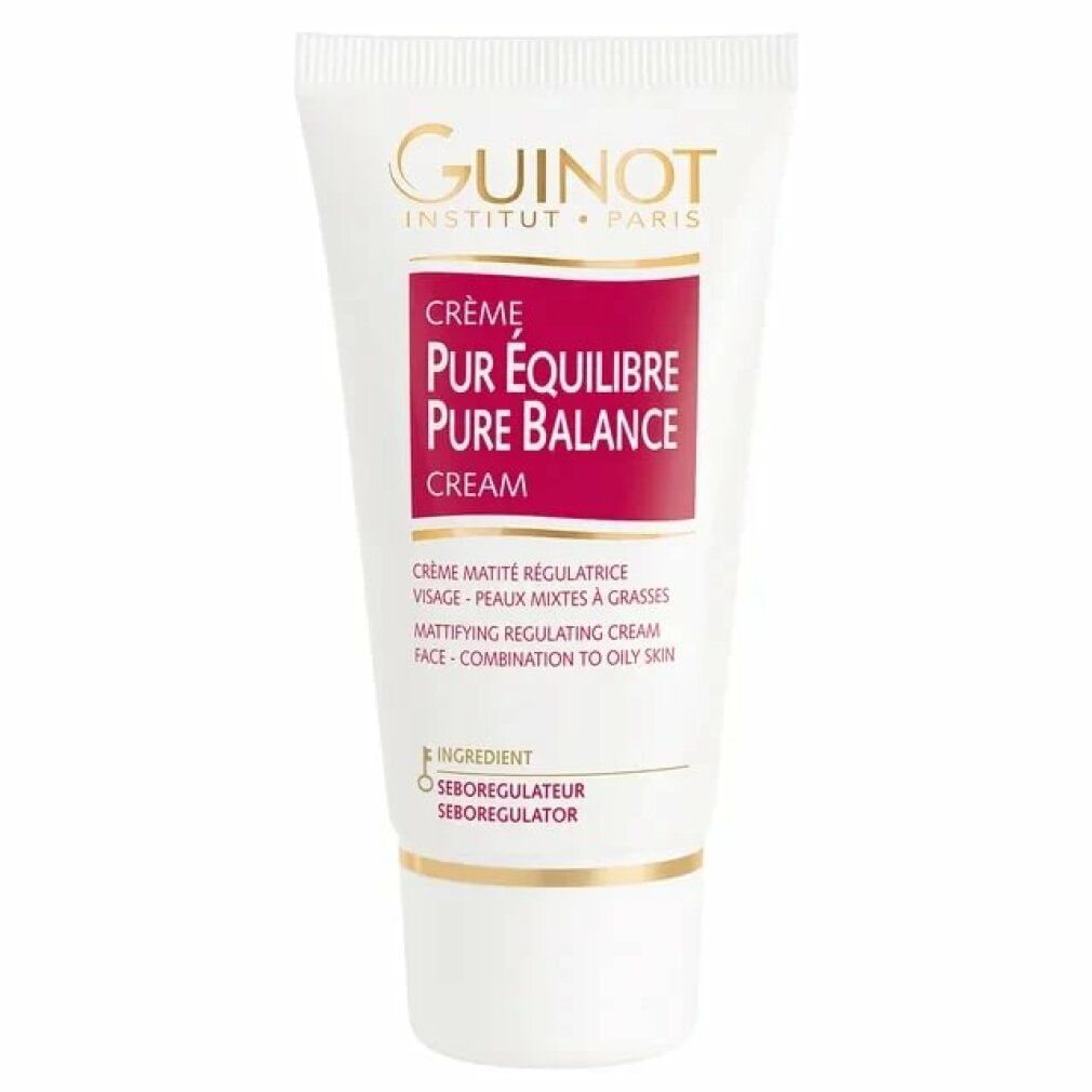 Tubo bianco e rosso con nome del prodotto e marchio. Testo: Crème Pur Équilibre, Pure Balance Cream, per pelli miste.
