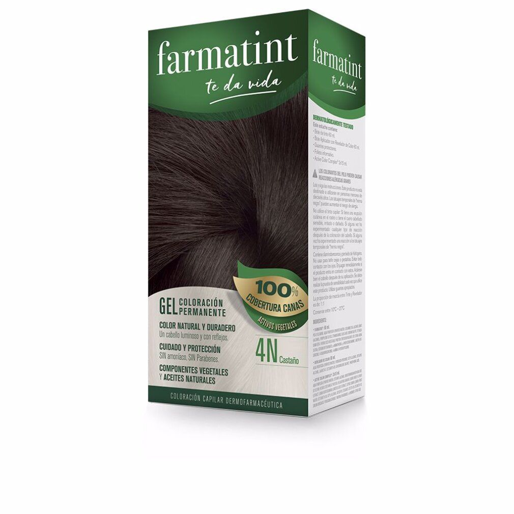 Scatola Farmatint. Tinta permanente 4N, marrone. Copertura 100% capelli bianchi. Formula gel. Ingredienti naturali.