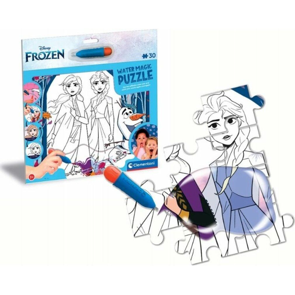 Puzzle Disney Frozen Water Magic con penna. Pezzo di puzzle con immagine di Elsa. Confezione con Elsa, Anna, Olaf. 30 pezzi. Clementoni.