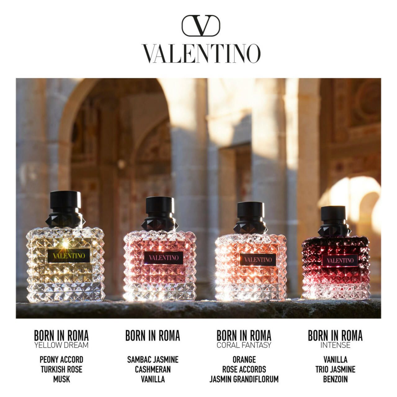 Valentino Parfums. Quattro flaconi Born In Roma, diverse fragranze. Flaconi quadrati con motivo borchiato, tappi neri. Nomi dei prodotti.