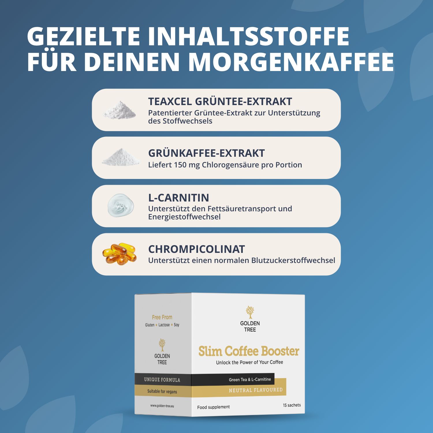 Golden Tree Slim Coffee Booster: Ingredienti mirati per il tuo caffè mattutino.