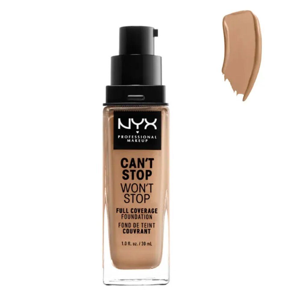Flacone di fondotinta NYX Can't Stop Won't Stop con erogatore e campione di colore separato.