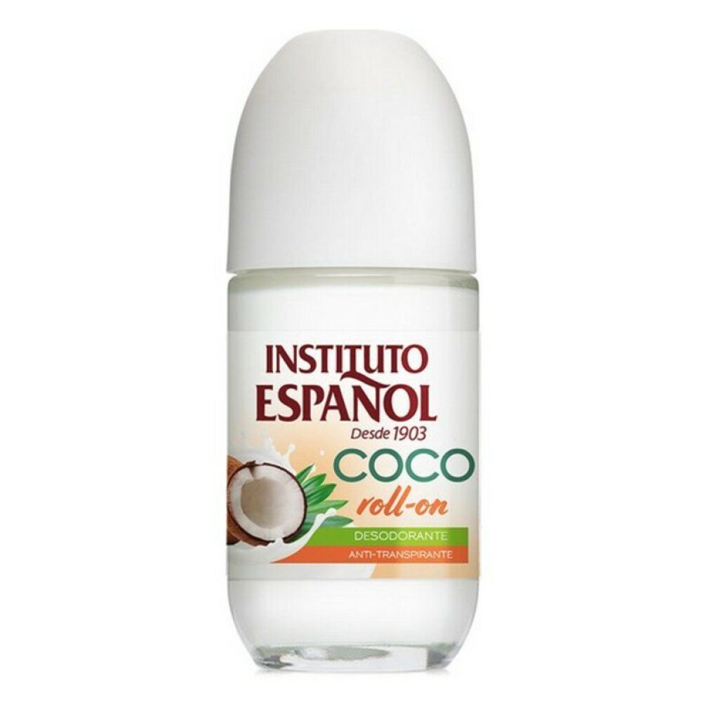 Deodorante roll-on Instituto Español Coco. Tappo bianco, flacone trasparente. Scritta: Coco roll-on, cocco.