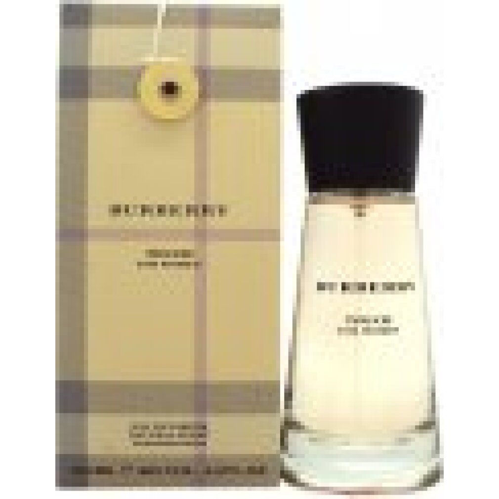 Flacone e confezione Burberry Touch for Women EdP. Scatola beige a quadri, flacone con tappo nero.