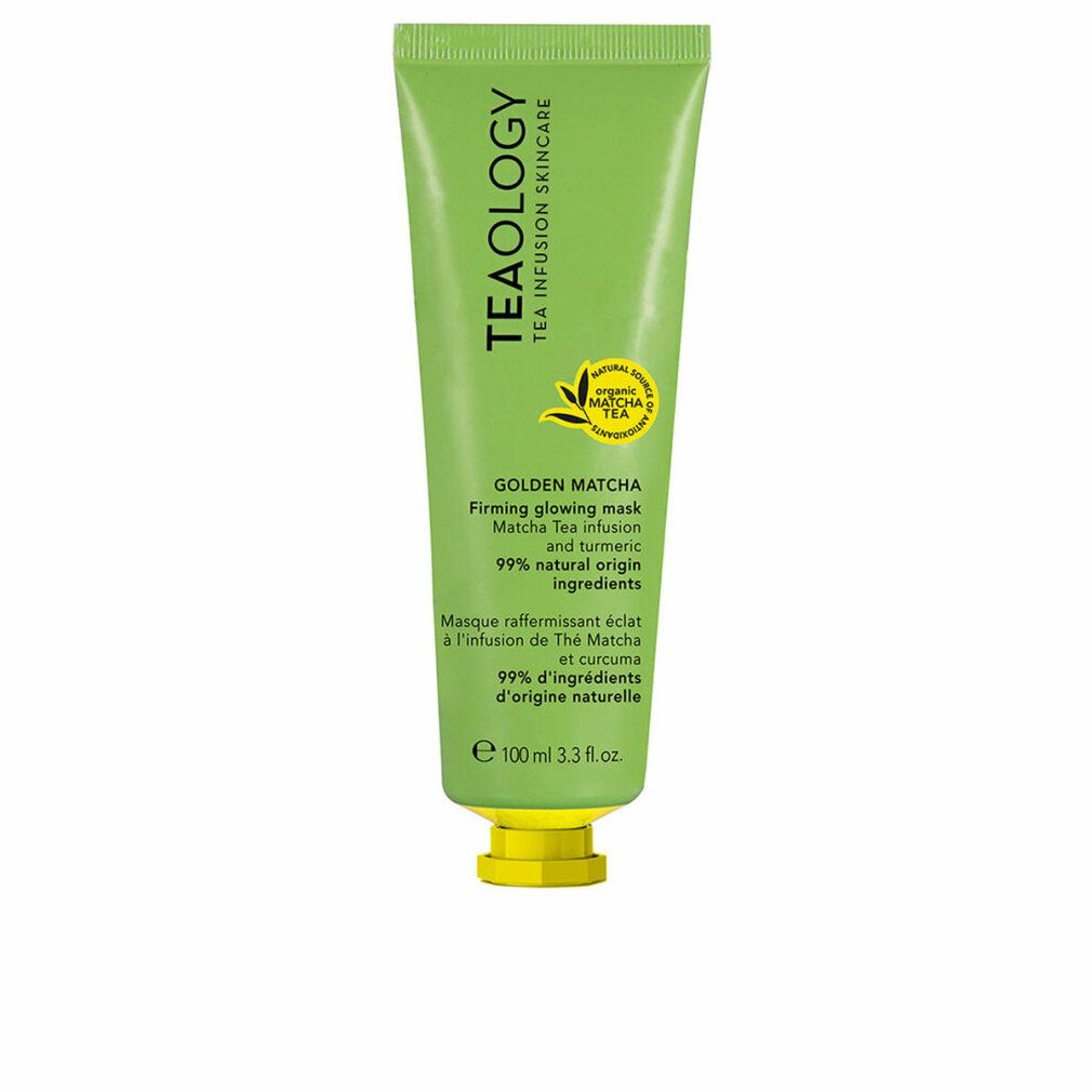 Tubo verde con tappo giallo. Scritta: TEAOLOGY, GOLDEN MATCHA Firming glowing mask, 99% ingredienti di origine naturale. 100 ml.