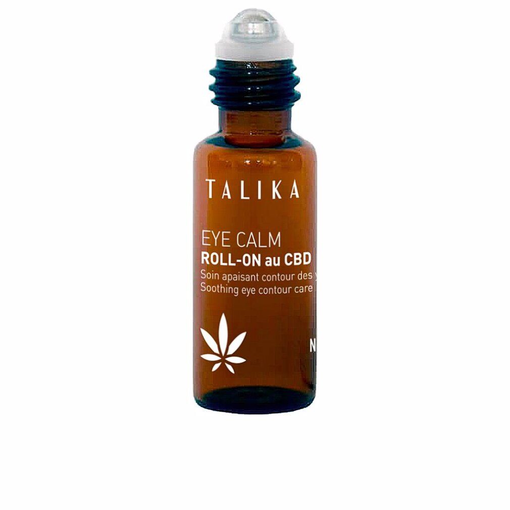 Flacone di vetro marrone con applicatore roll-on. Scritta: TALIKA EYE CALM ROLL-ON au CBD. Simbolo foglia di cannabis.