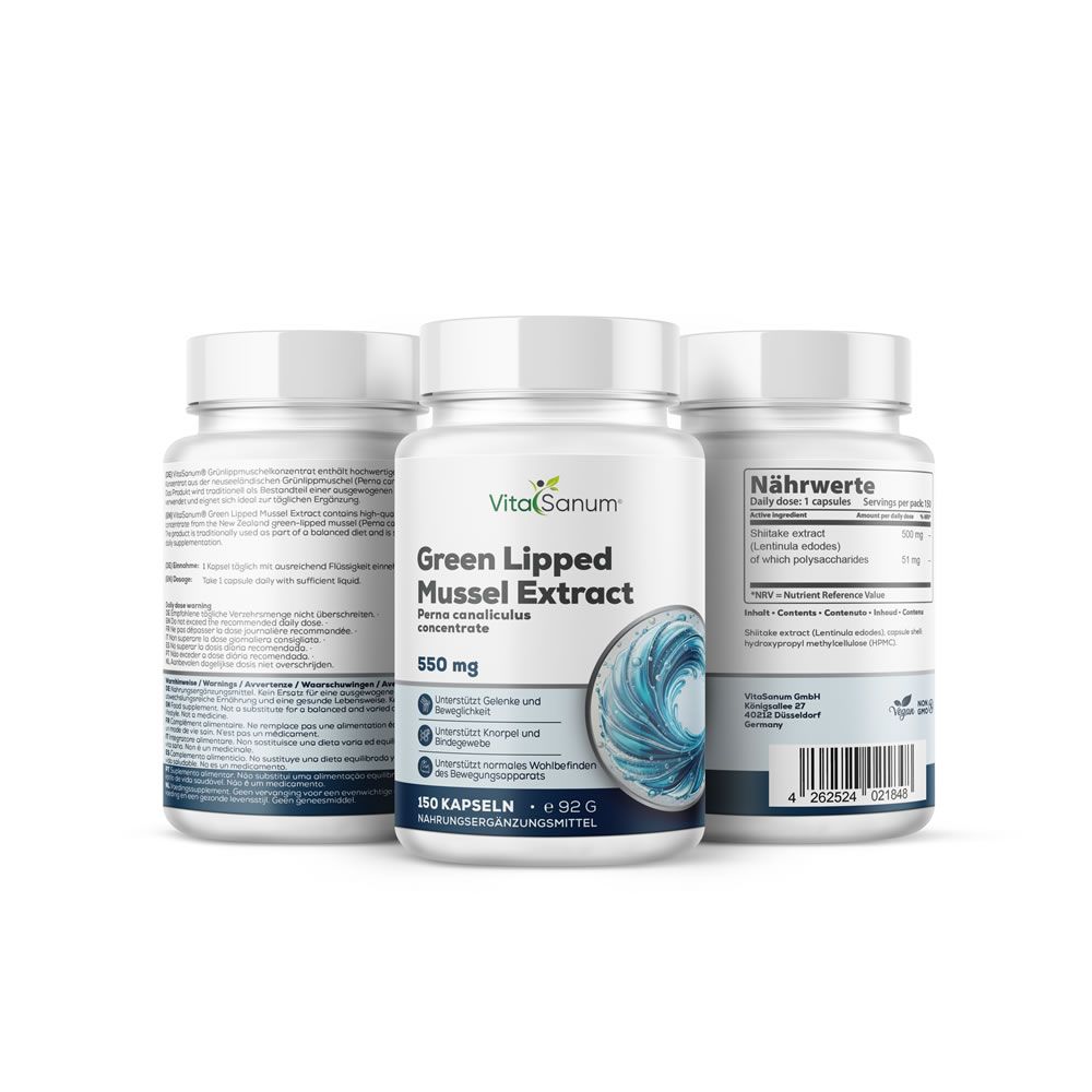 Tre contenitori di capsule VitaSanum di estratto di cozze verdi, 550 mg. Uno mostra il fronte, due il retro con informazioni nutrizionali.