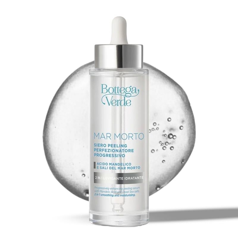 Siero Bottega Verde. Flacone in vetro con pipetta. Scritta: MAR MORTO, Siero peeling perfezionatore progressivo. Sfondo: liquido trasparente.