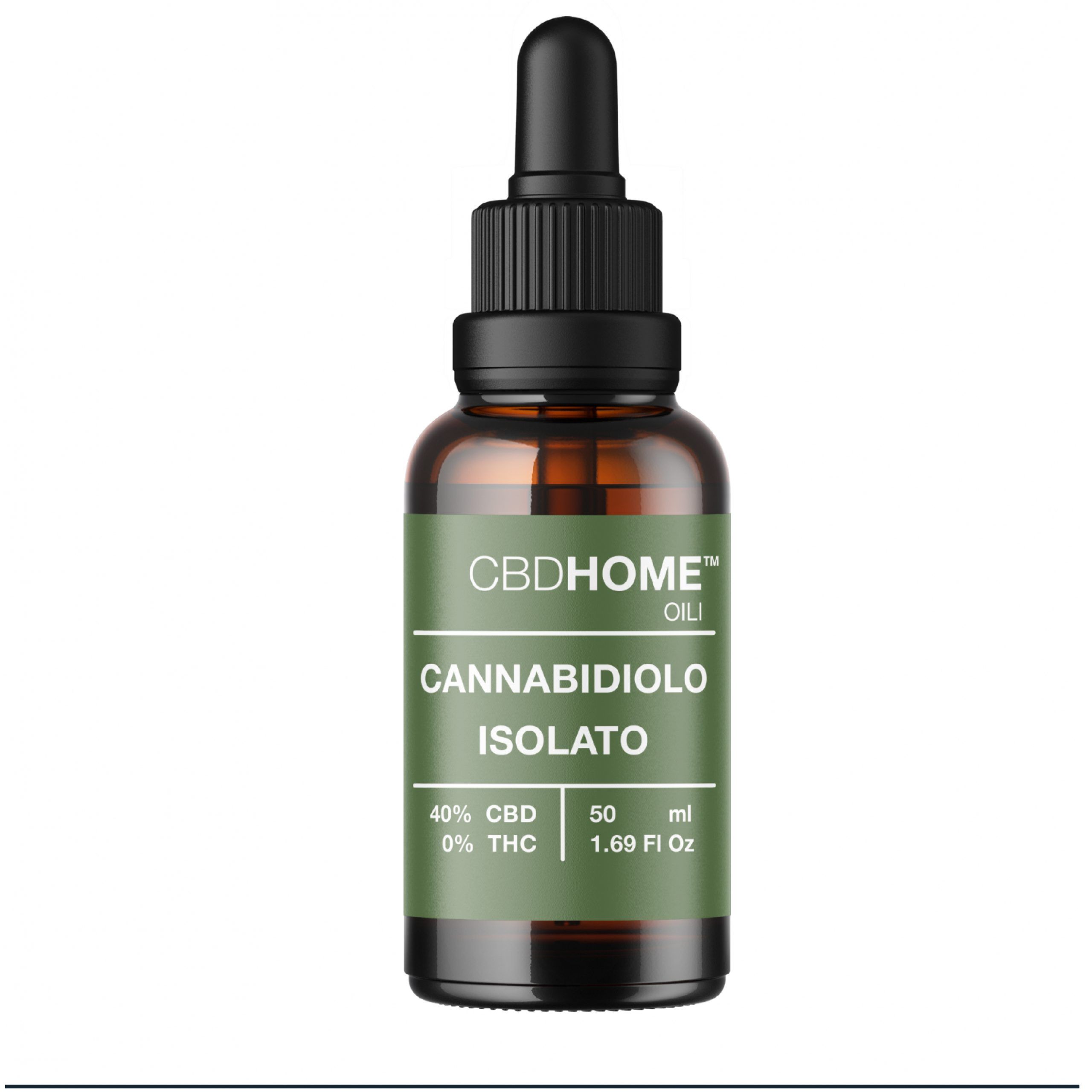 Olio isolato di CBD CBDHOME 40% CBD in flacone di vetro marrone da 50ml con contagocce.