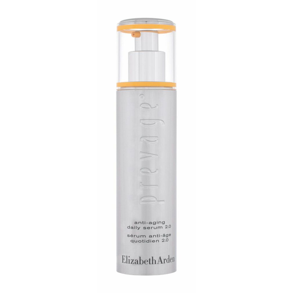 Flacone argento con dettagli gialli. Scritta: Prevage, anti-aging daily serum 2.0, Elizabeth Arden.