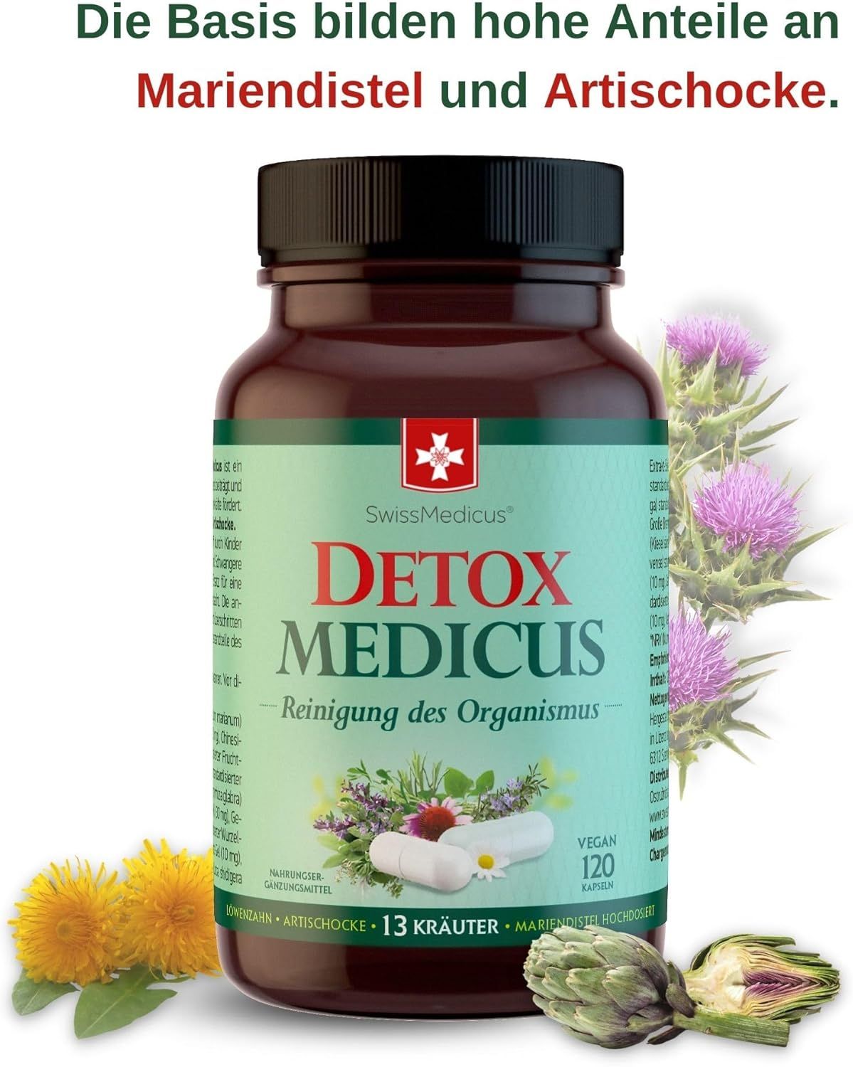 Flacone marrone con capsule. Scritta: Detox Medicus, 120 capsule, vegan. Testo: Cardo mariano e carciofo.
