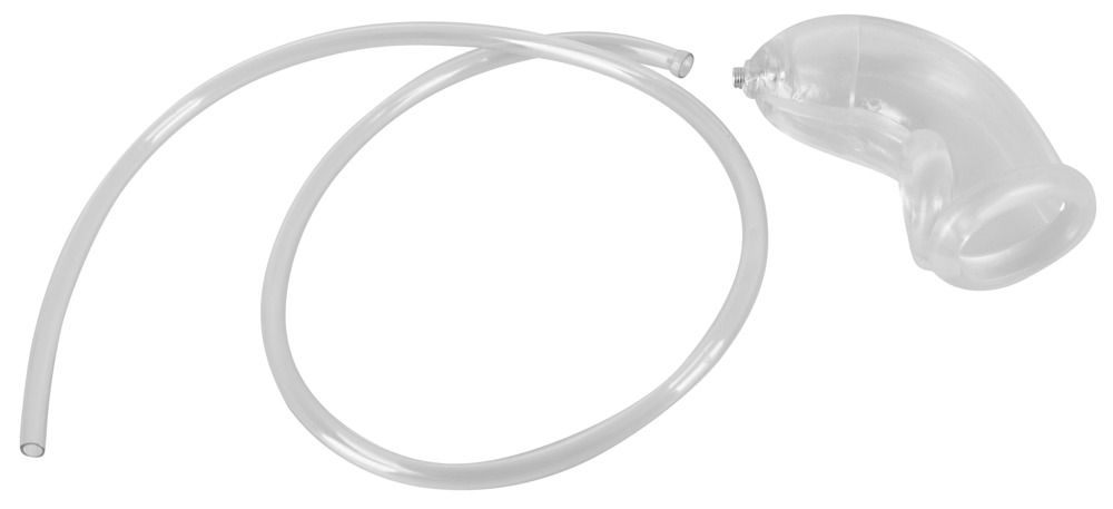 Prodotto trasparente e flessibile, forma curva, con tubo. Vista dettagliata.