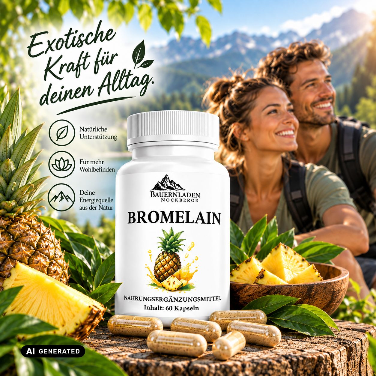 Capsule di bromelina di Bauernladen Nockberge, 60 pezzi, con motivo ananas.