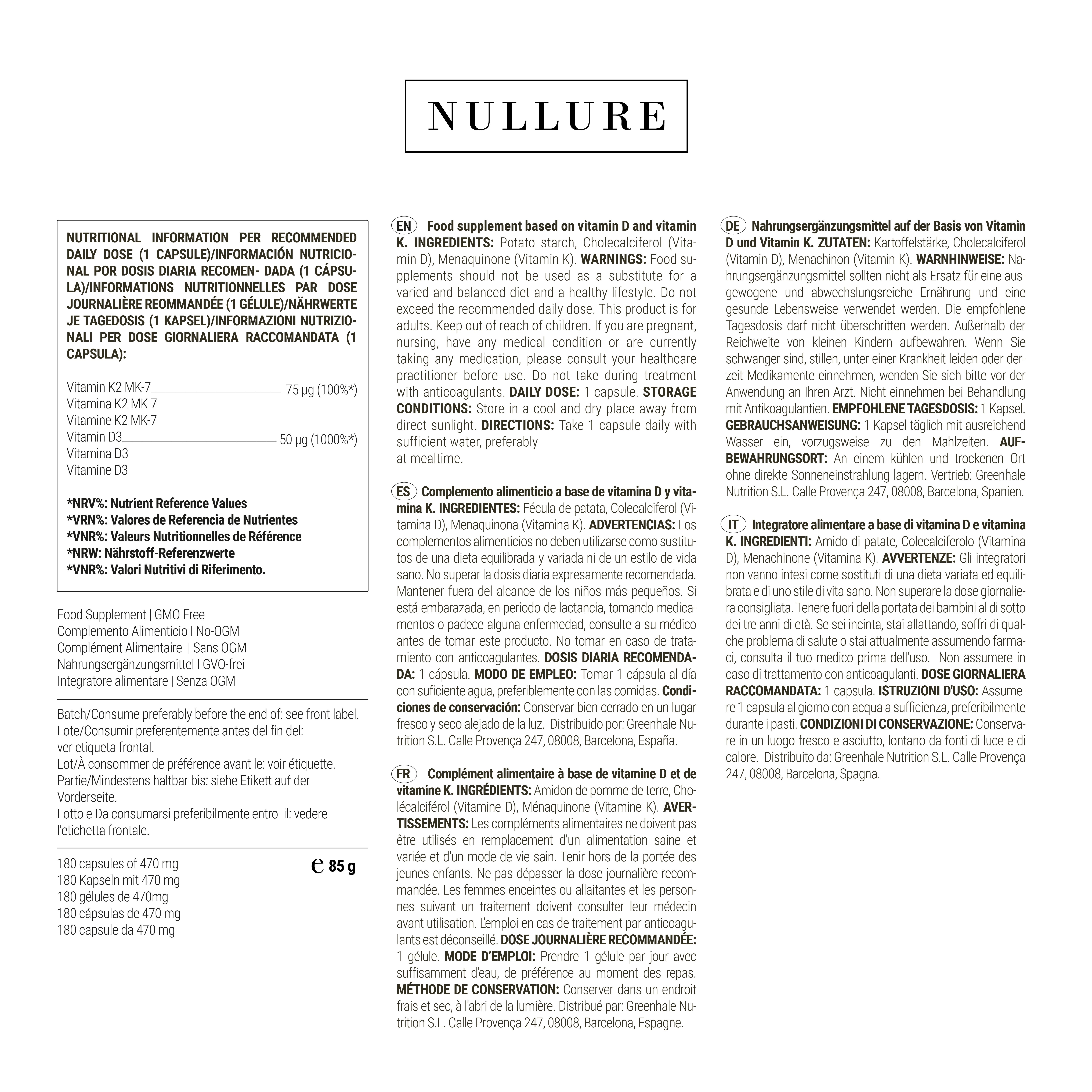Informazioni multilingue sul prodotto. Contiene informazioni nutrizionali, ingredienti, avvertenze e raccomandazioni sul dosaggio.