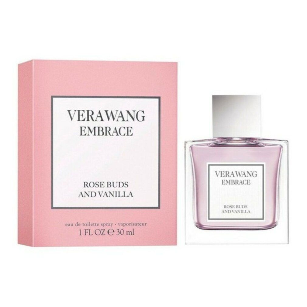 Confezione rosa e flacone. Confezione con "VERA WANG EMBRACE ROSE BUDS AND VANILLA". Flacone con liquido rosa.