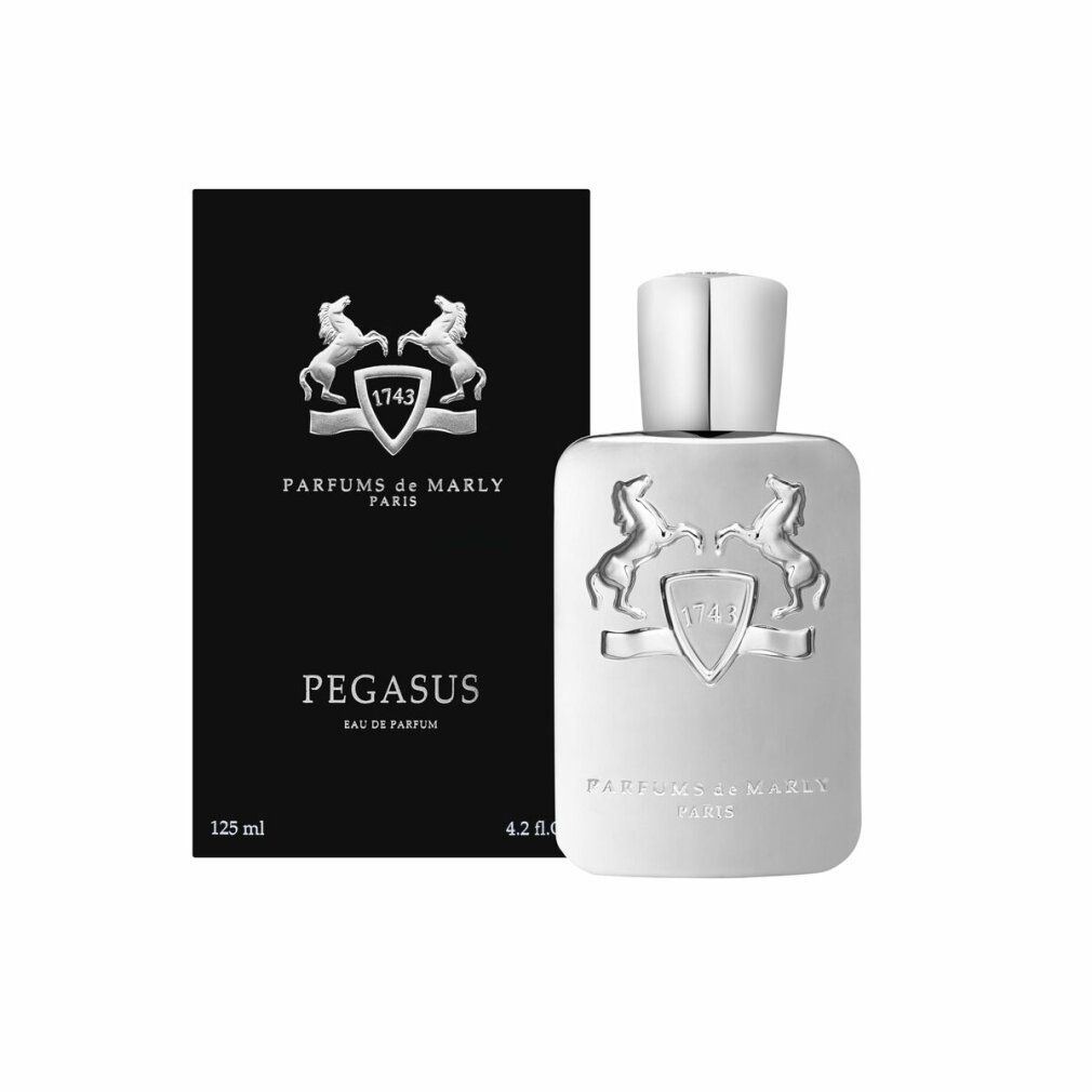 Parfums de Marly Pegasus Eau de Parfum Spray. Flacone argentato e confezione nera con logo e scritta.