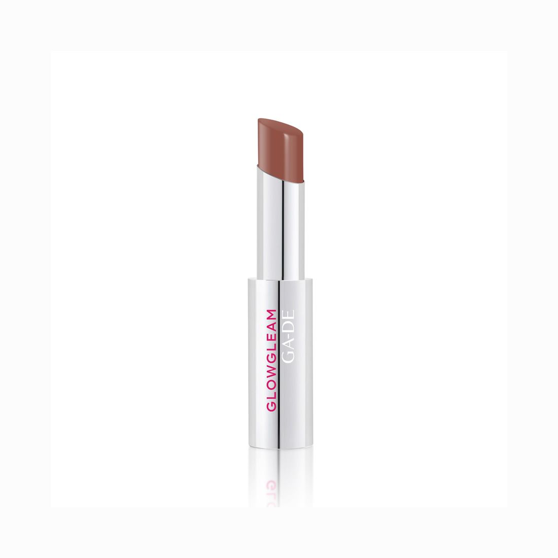 Rossetto aperto, custodia argentata. Scritta: GLOWGLEAM, GA-DE. Stick di rossetto marrone.