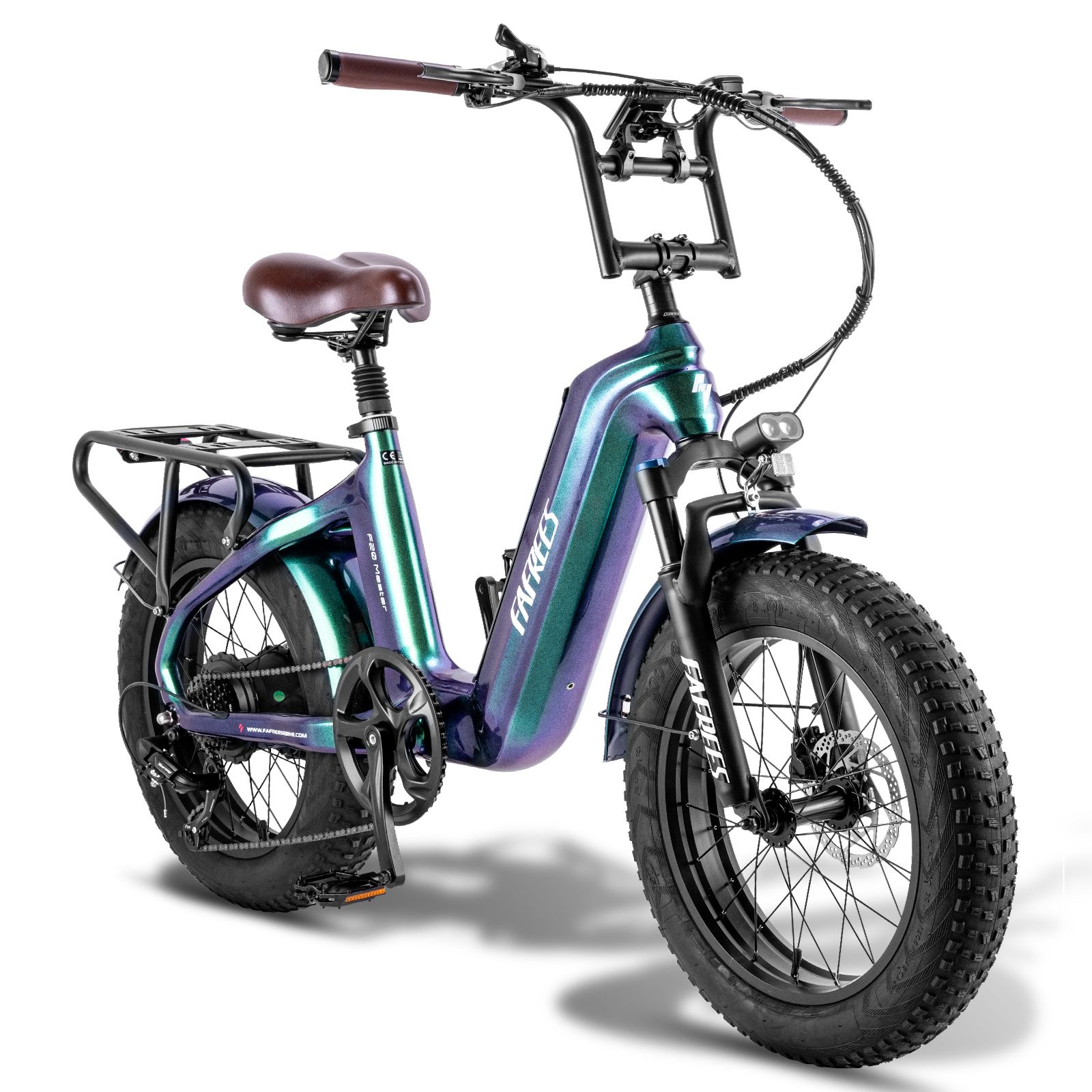 E-bike Fafrees F20 Master. Vernice verde-blu, pneumatici larghi, portapacchi, sella marrone. Logo Fafrees visibile.