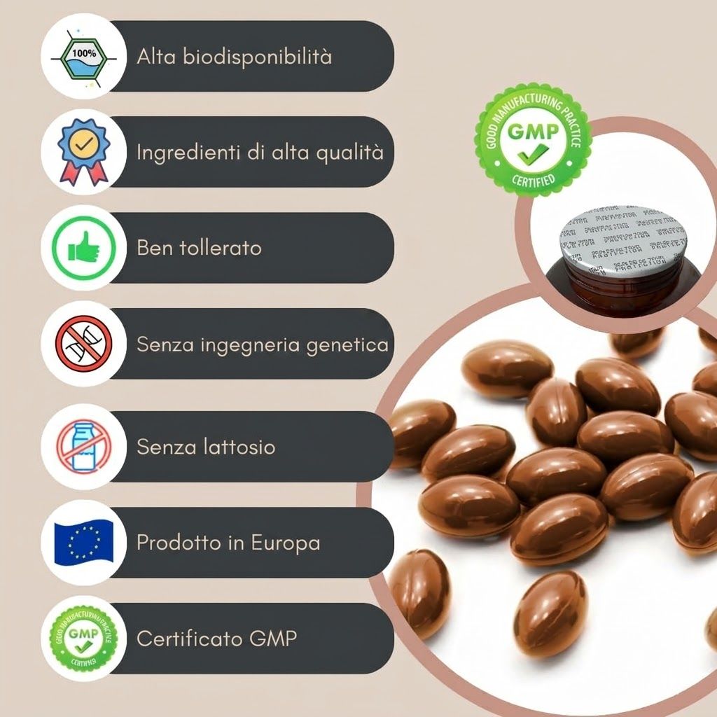 Capsule marroni, certificazione GMP, loghi per alta biodisponibilità, ingredienti di alta qualità, ben tollerato, senza OGM, senza lattosio, prodotto in Europa.