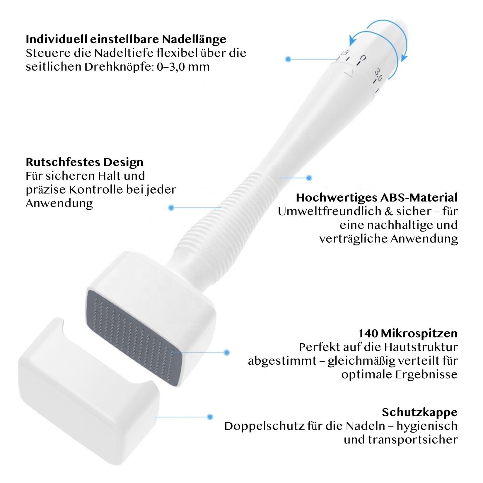 Derma roller con 140 micro-aghi, profondità regolabile (0-3mm), impugnatura antiscivolo e cappuccio protettivo.