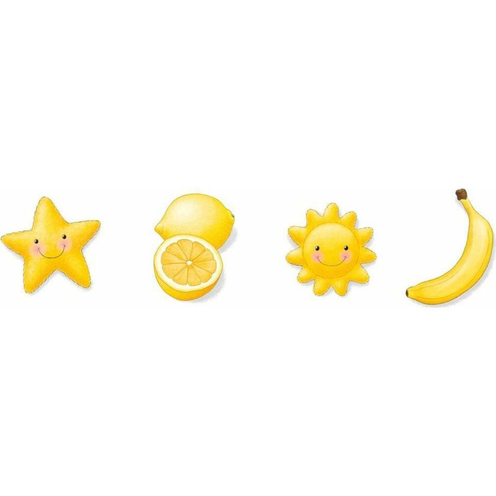 Quattro pezzi di puzzle gialli: stella, limone, sole e banana. Parte del set di puzzle 'my first color puzzles'.