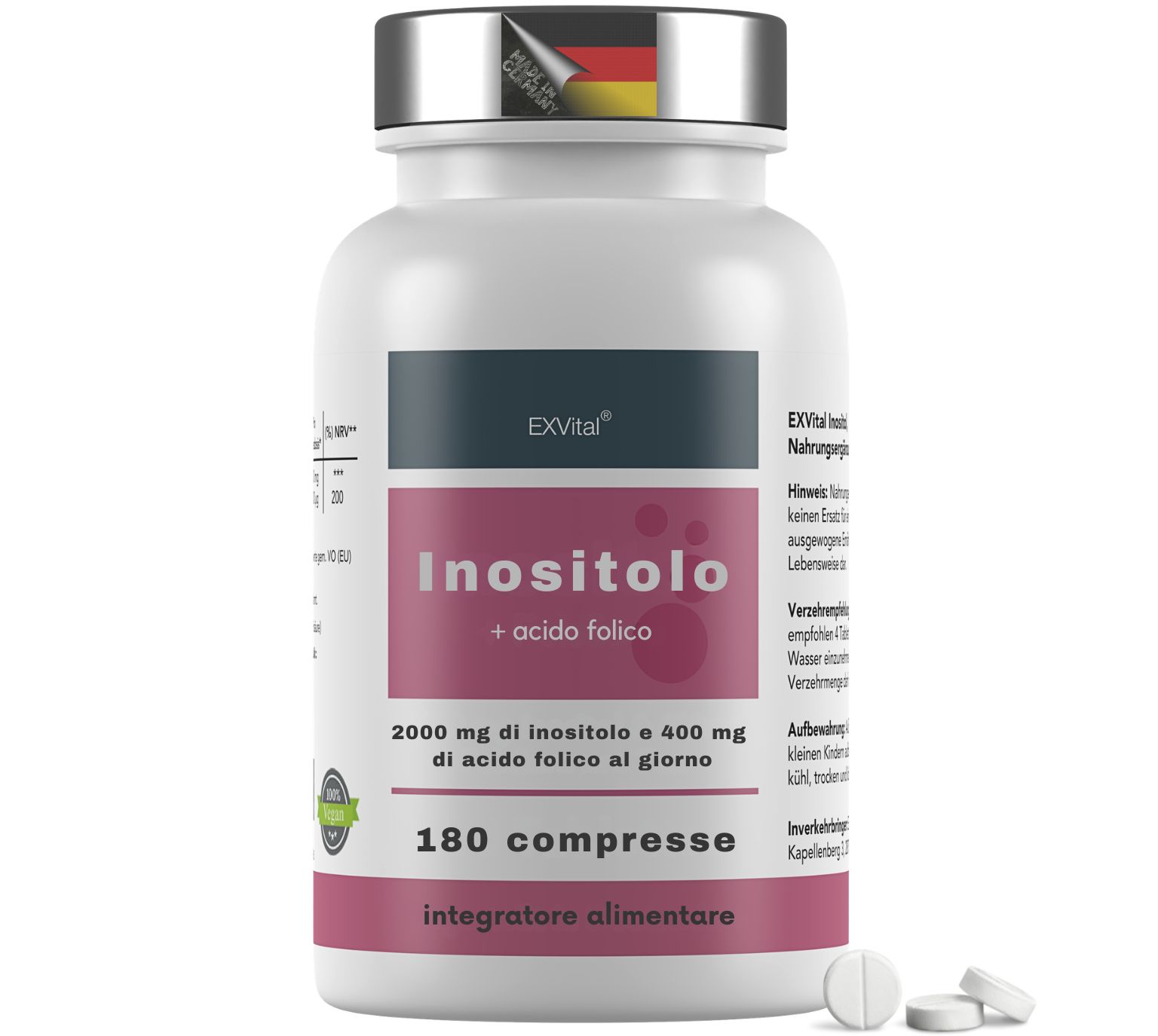 Flacone EXVital Inositolo + Acido Folico, 180 compresse. Primo piano dell'etichetta con bandiere tedesca ed europea.