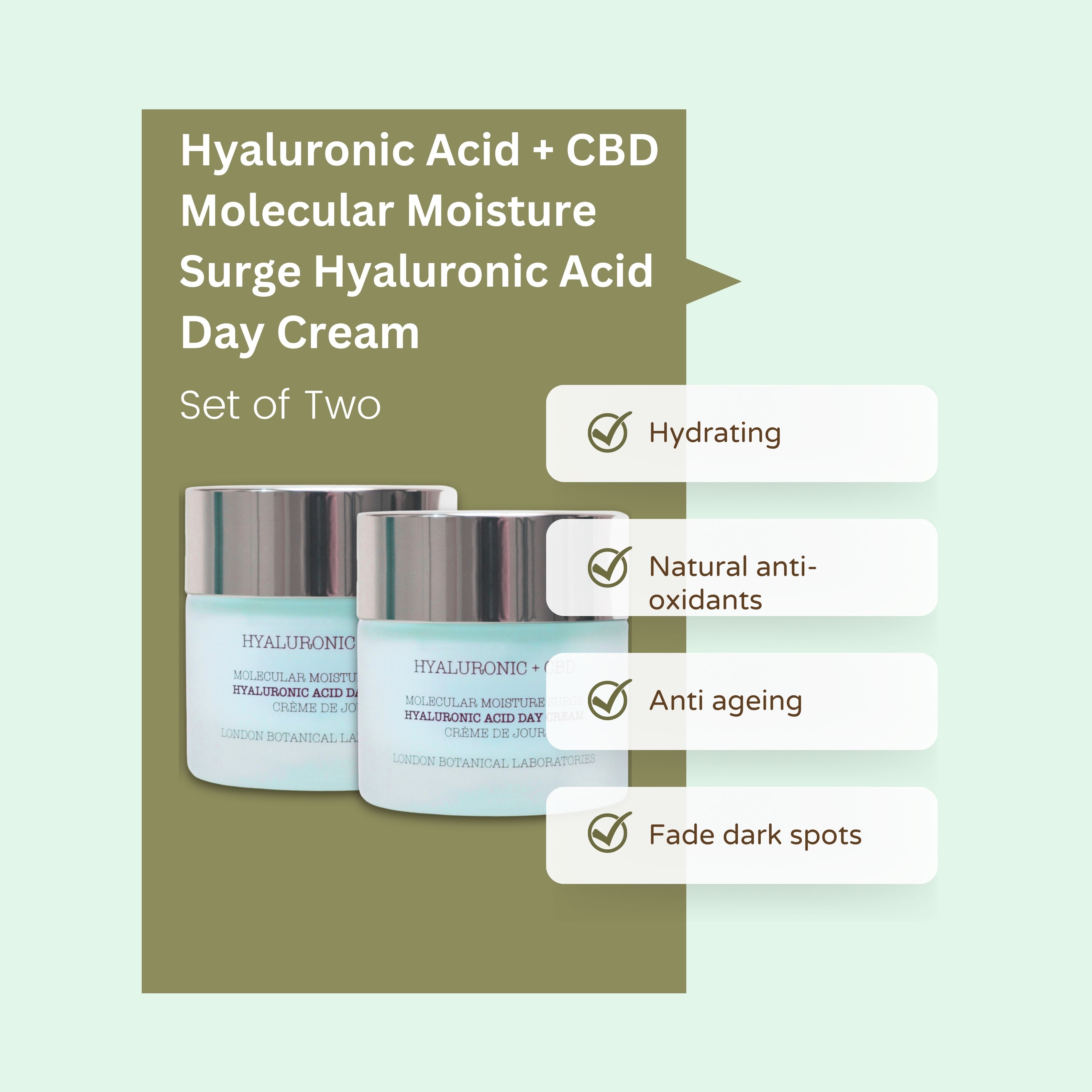 Due vasetti di crema giorno accanto a un'infografica. Scritta: Hyaluronic + CBD, Molecular Moisture Surge, Crème de Jour. Vantaggi: Idratante, antiossidanti, anti-età, macchie.