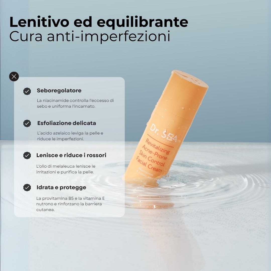 Tubo di crema nell'acqua. Testo: Dr. SEA, Revitalizing Acne-Prone Skin Control Facial Cream. Agisce contro le imperfezioni.