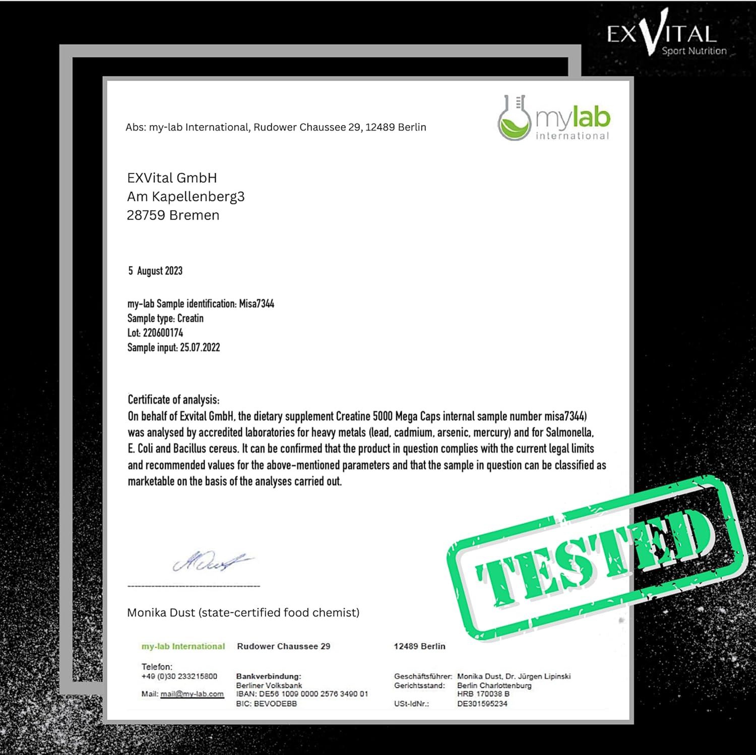 Rapporto di laboratorio di mylab international su EXVital Creatin 5000 Mega Caps, che conferma i risultati dei test.