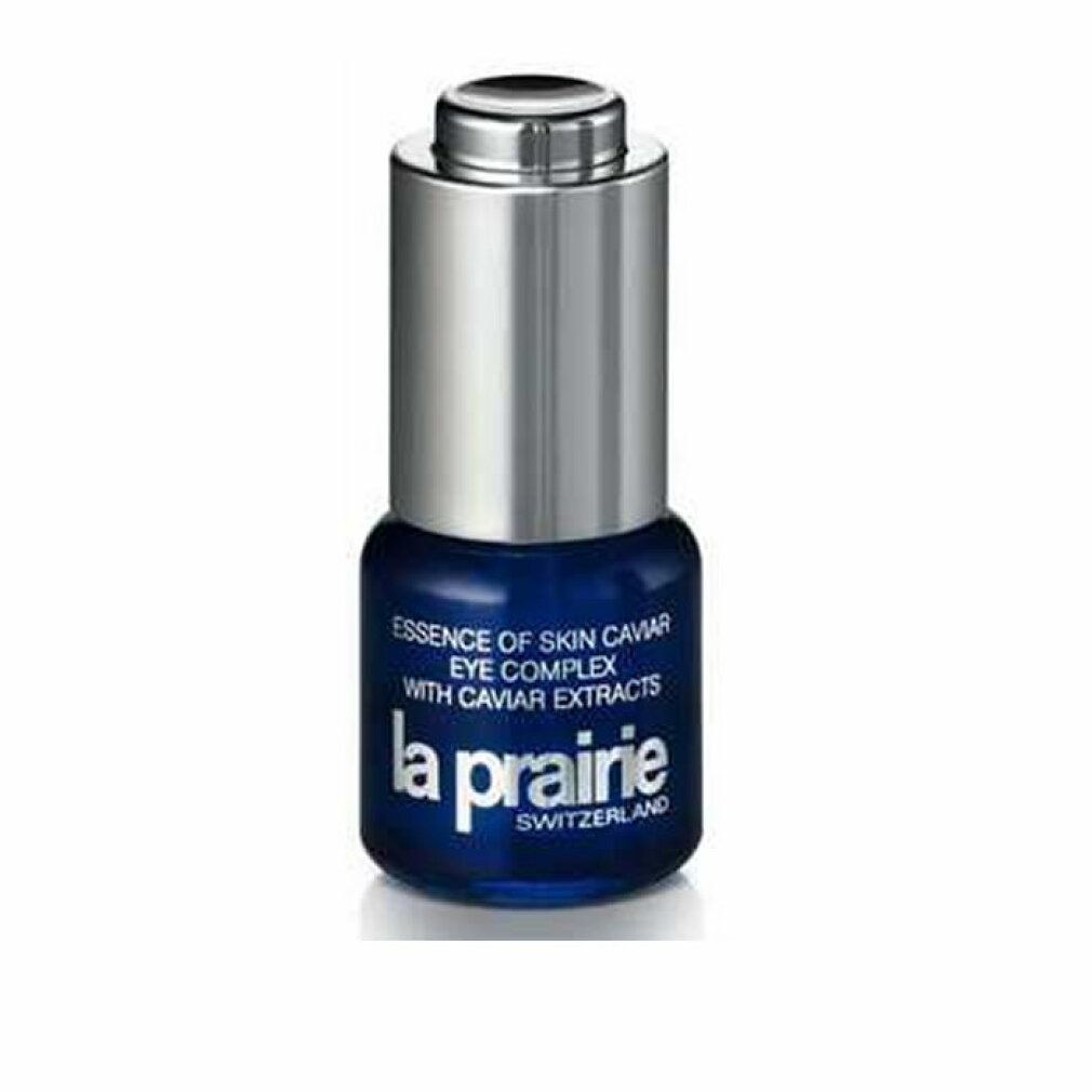 Flacone blu con tappo argentato. Scritta: Essence of Skin Caviar Eye Complex, La Prairie.