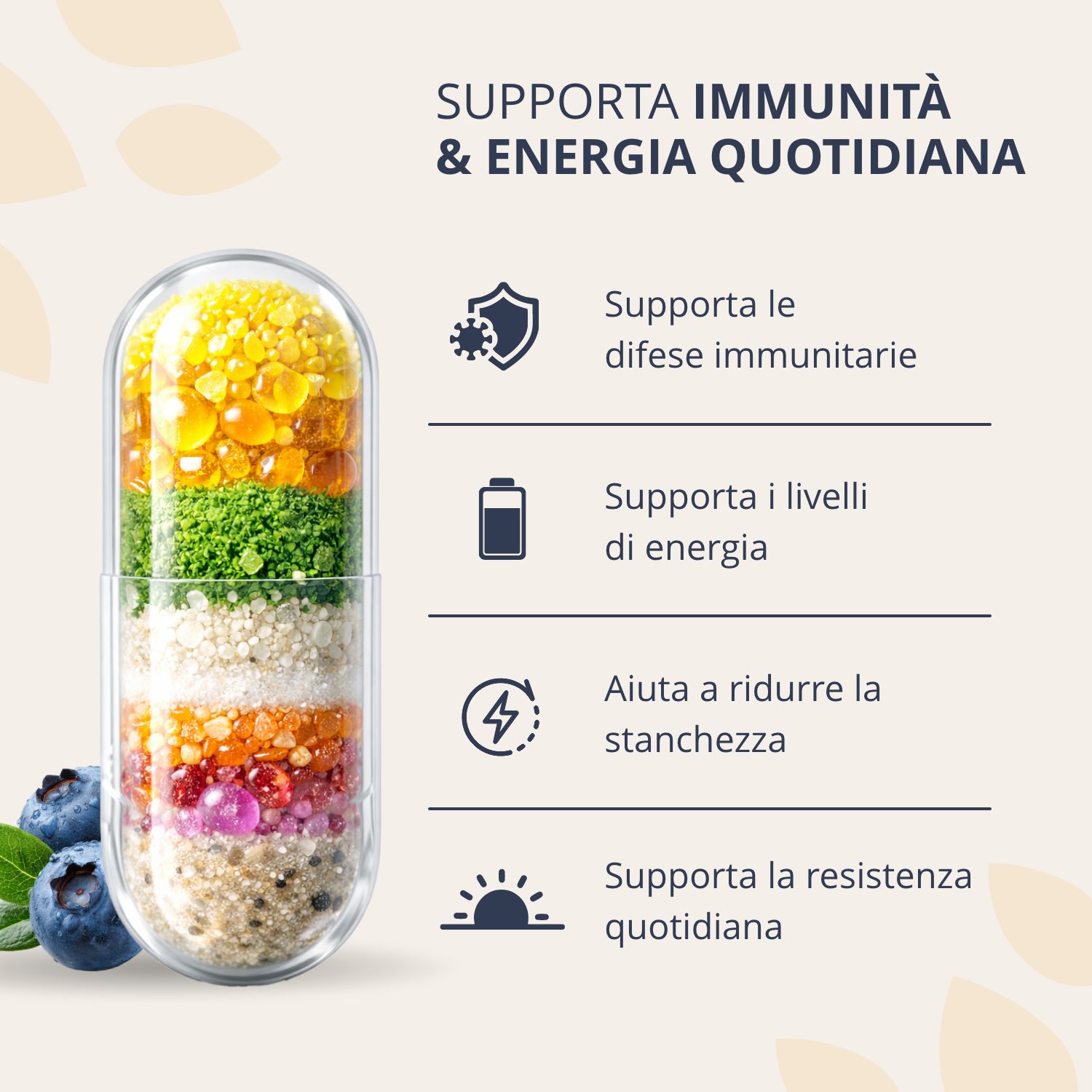 Capsula con strati di nutrienti, supporta il sistema immunitario e l'energia.