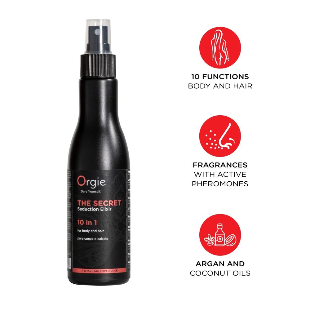 Flacone nero con vaporizzatore. Nome prodotto: Orgie - The Secret Seduction Elixir. Testo: 10 in 1, per corpo e capelli. Icone aggiuntive.