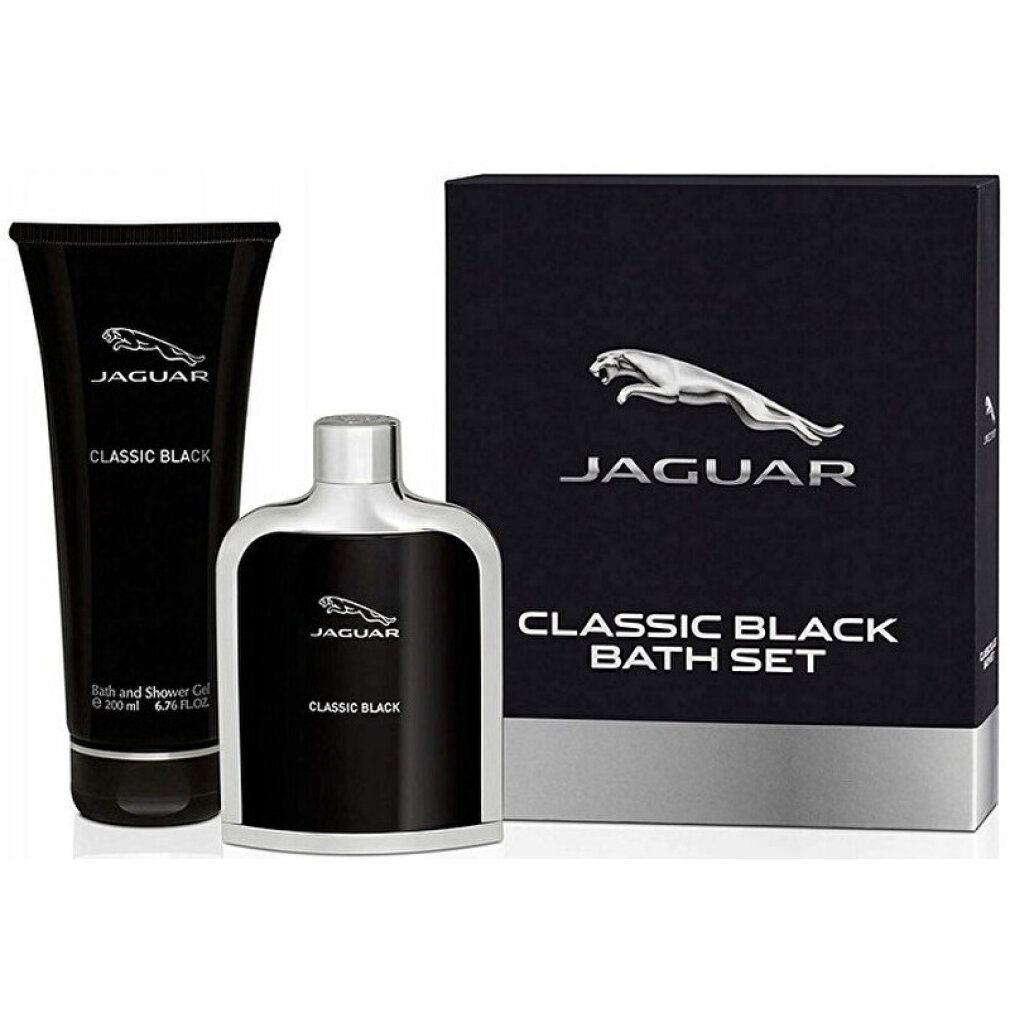 Set bagno Jaguar Classic Black nero. Include flacone, tubo e scatola. Logo e testo argentati.