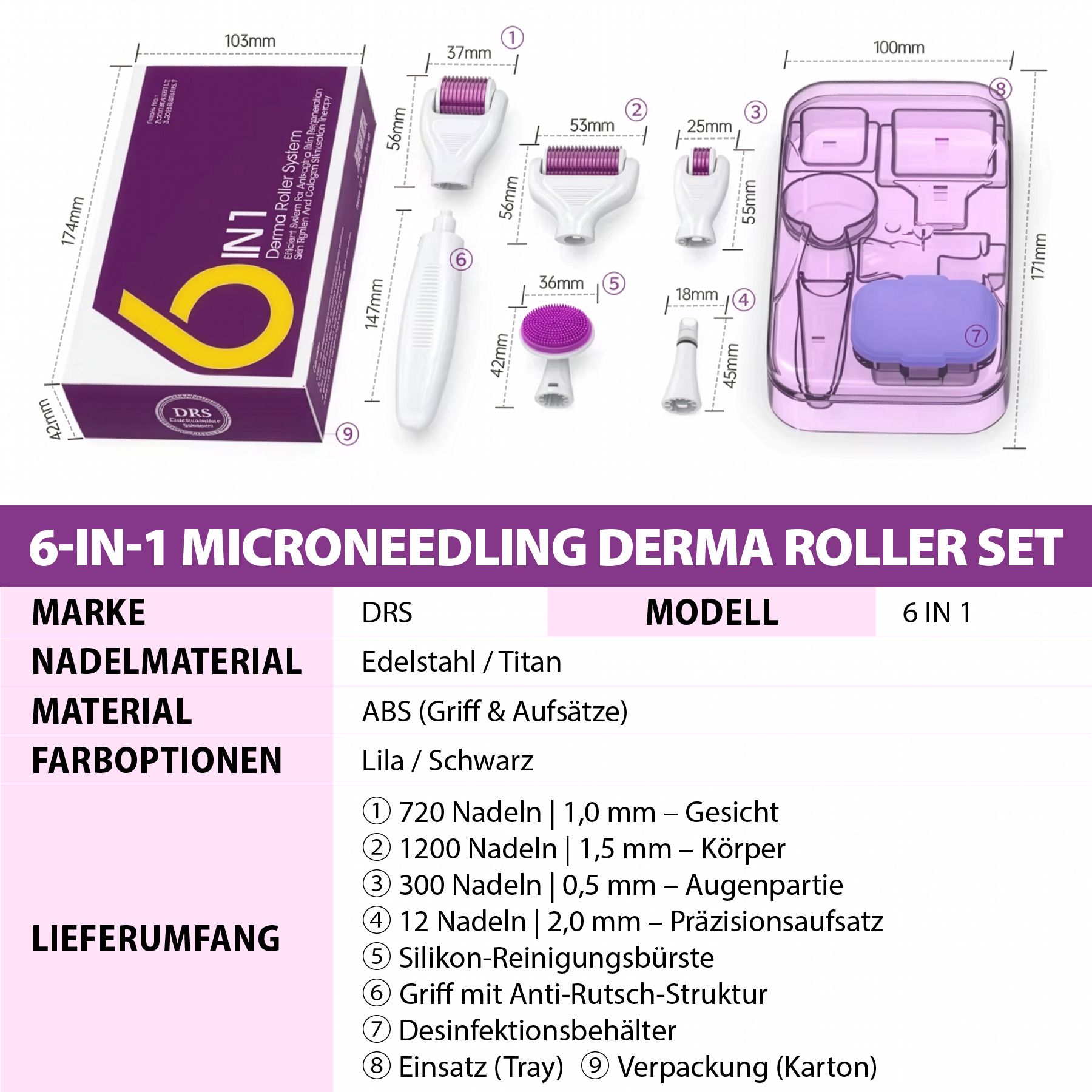 Tabella dettagliata con informazioni sul prodotto: marchio, modello, materiale dell'ago, materiale, opzioni di colore e contenuto della consegna.