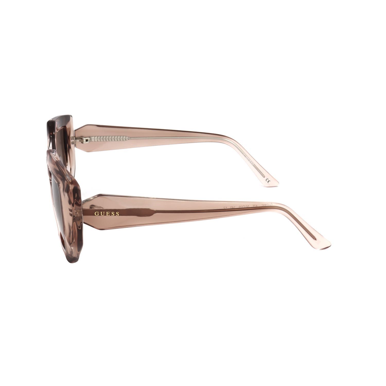 Occhiali da sole Guess marrone trasparenti con montatura larga e logo argentato sul
 asta.