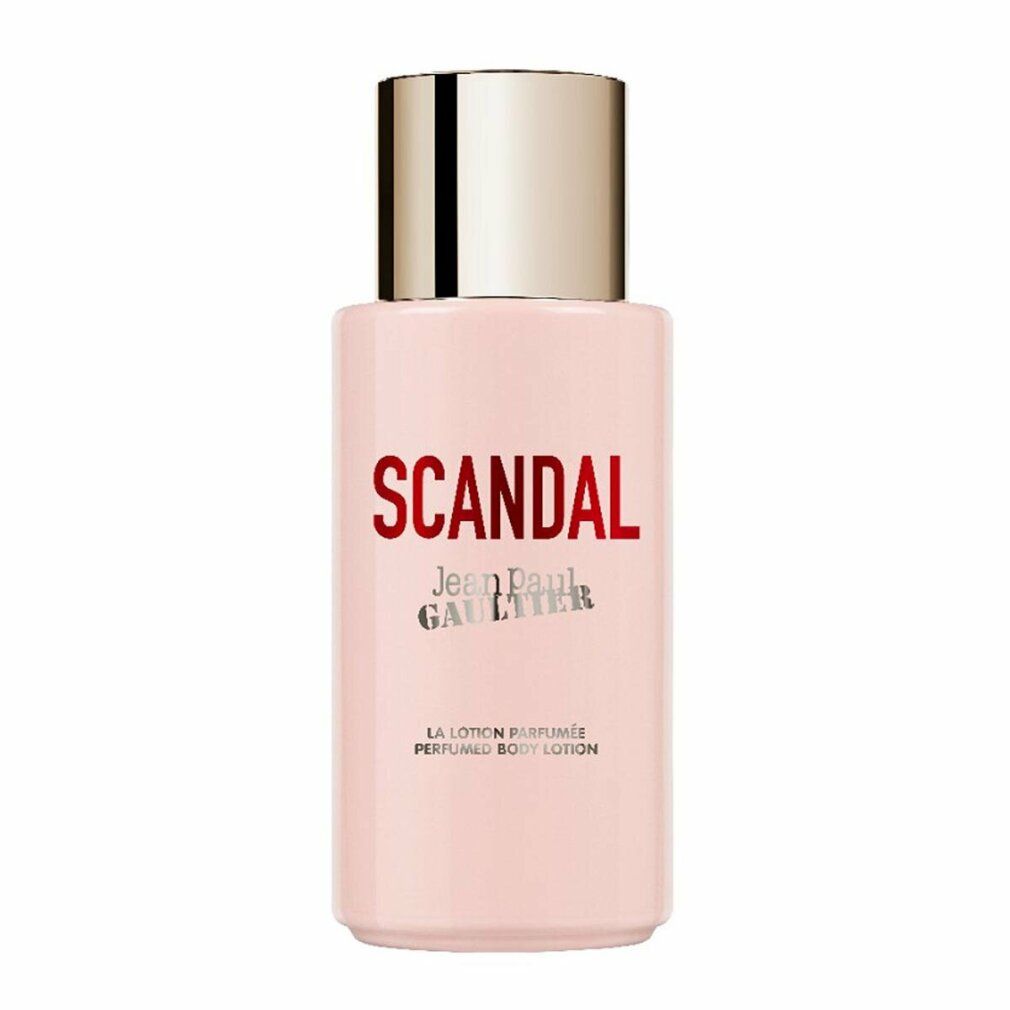 Flacone rosa con tappo dorato. Scritta SCANDAL, Jean Paul Gaultier. La Lotion Parfumée, Perfumed Body Lotion.