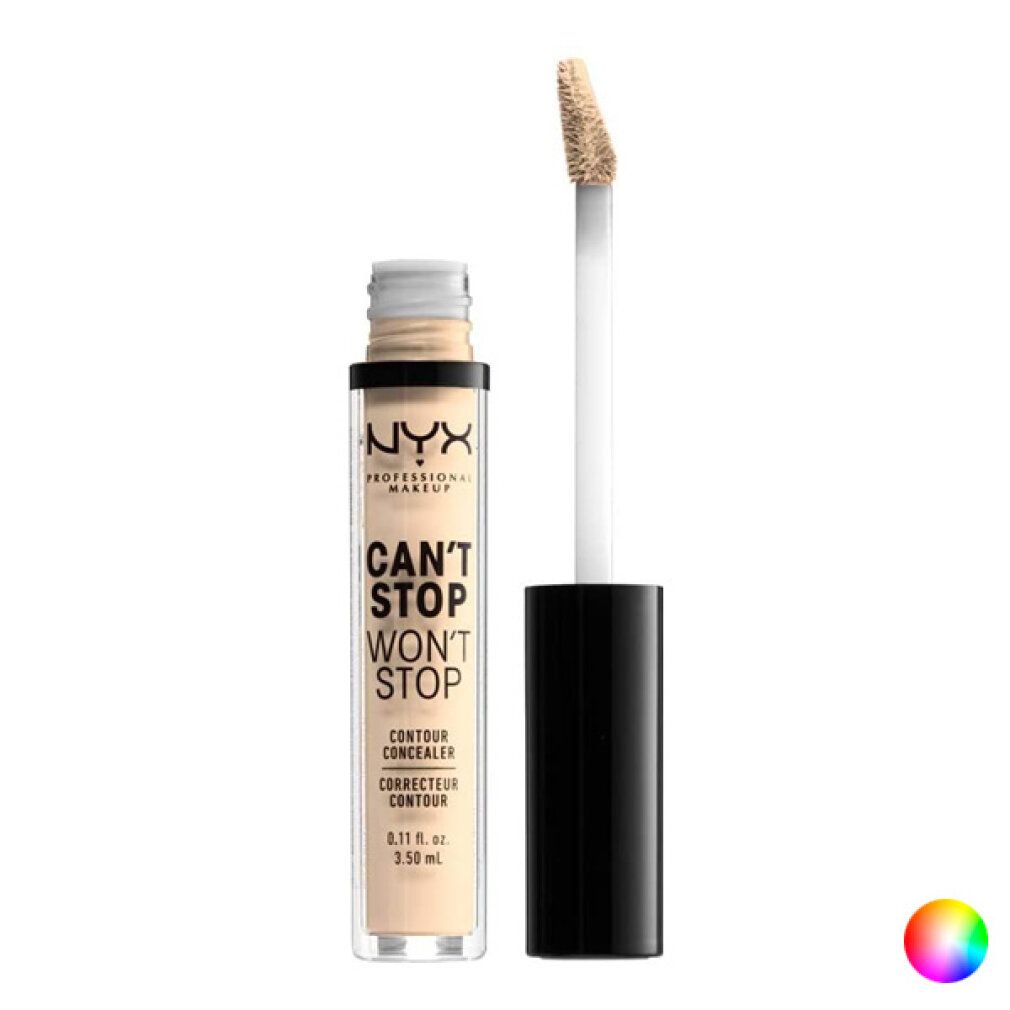 Correttore liquido in flacone trasparente con applicatore nero. Tonalità beige chiaro.