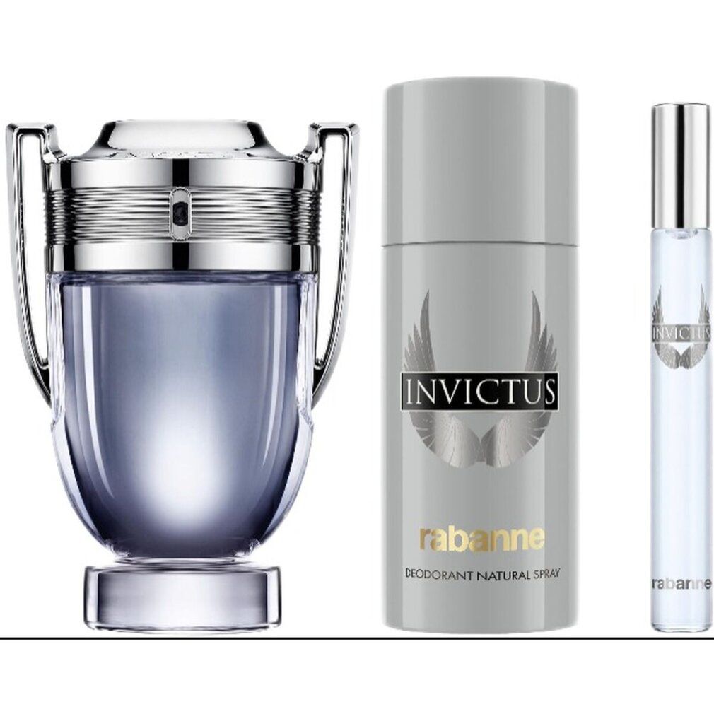 Flacone, deodorante e vaporizzatore. "INVICTUS" e "rabanne" sul deodorante. "rabanne" sul vaporizzatore.