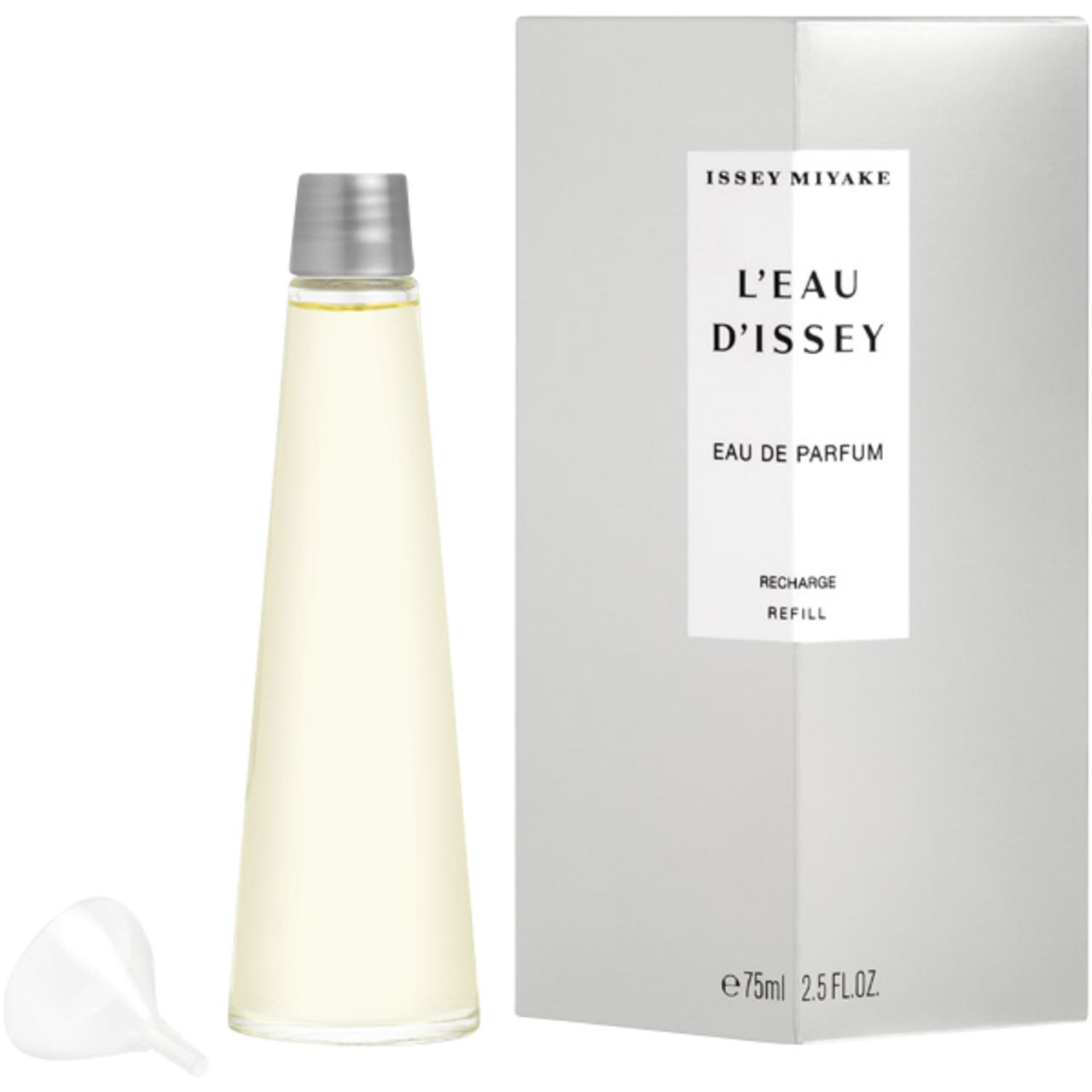 Flacone e confezione. Sulla confezione: Issey Miyake, L'Eau d'Issey, Eau de Parfum, Ricarica. 75ml.