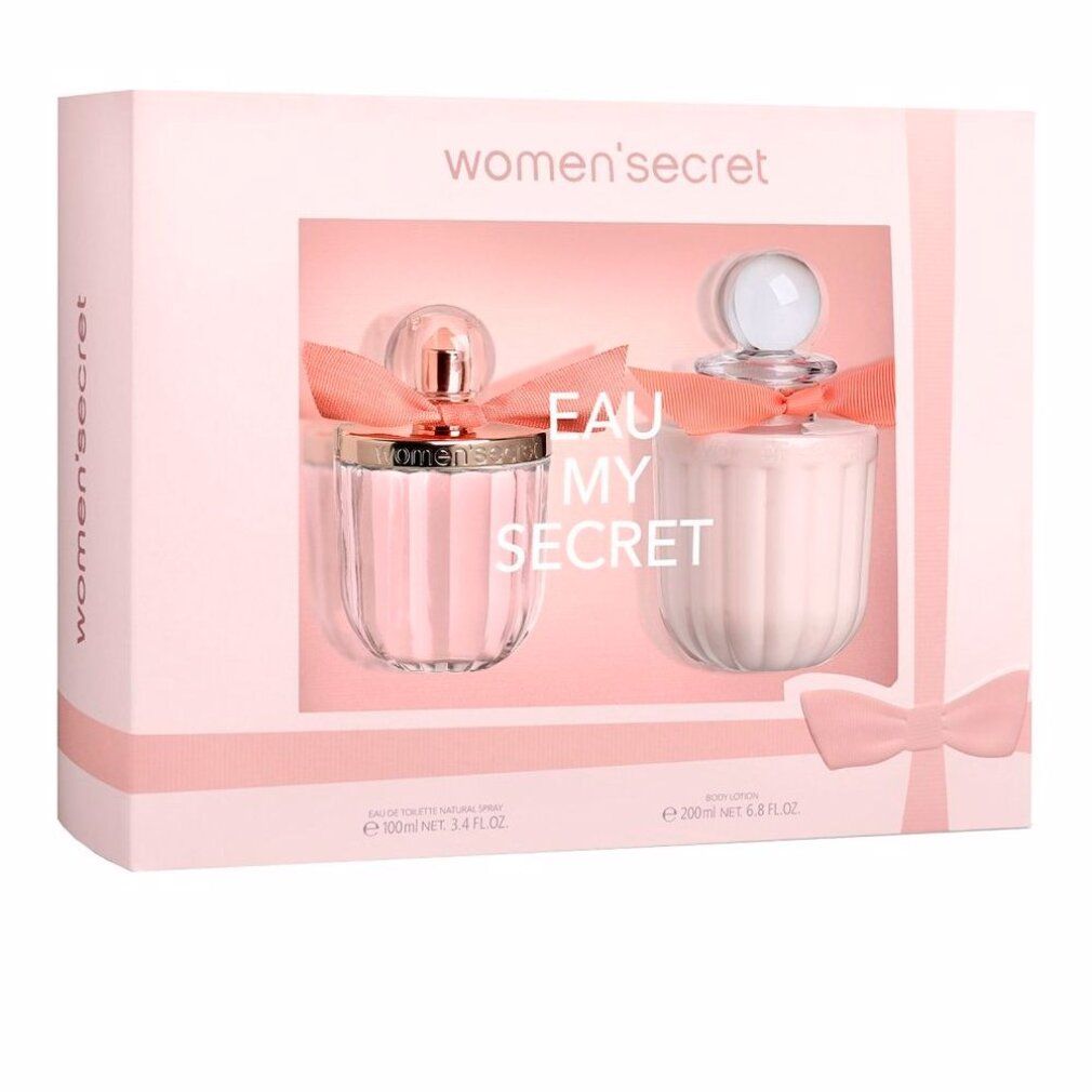 Confezione rosa con due flaconi. Scritta "Eau My Secret". Flaconi con fiocchi rosa e tappi.