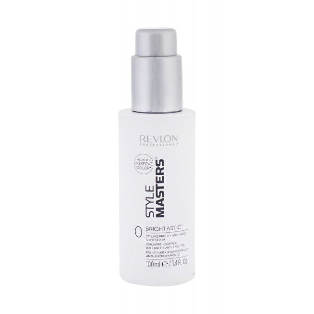 Flacone bianco con erogatore argento. Scritta: Revlon Style Masters Brightastic. 100ml.
