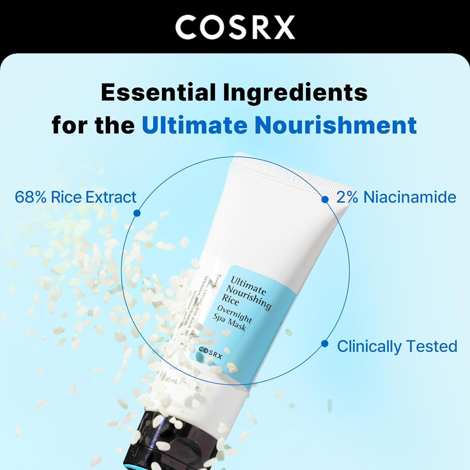 Tubo bianco con testo blu. Contiene il 68% di estratto di riso e il 2% di niacinamide. Clinicamente testato. Marchio COSRX.